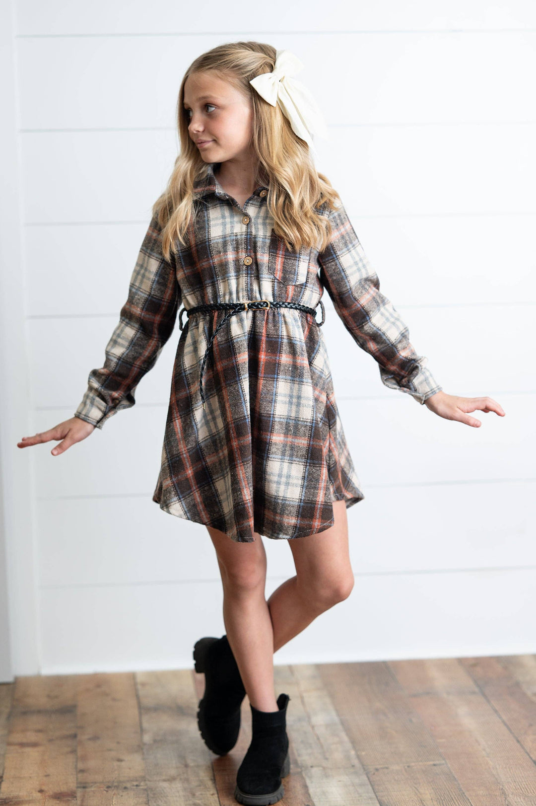 Girls Fall Plaid Button Shirt Dress With Belt