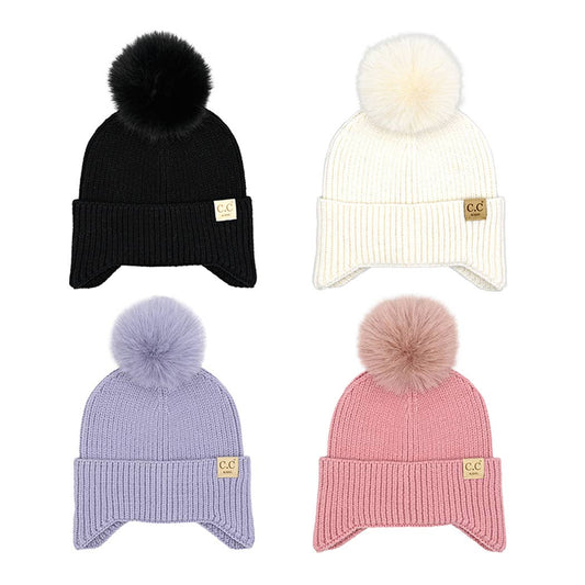 Kid's Ear Flap Solid Beanie with Pom Pom