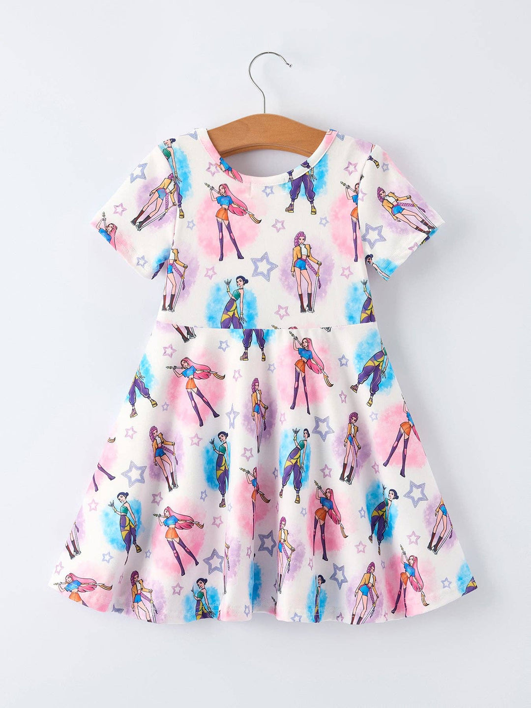 Summer Pop Star Print Girls Twirly Short Sleeve Dress