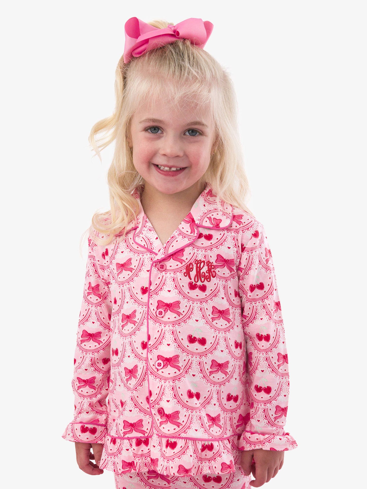 SoftSnooze™ Girls Love You Cherry Much Long Sleeve Button Up Ruffle Flare Pajama Set