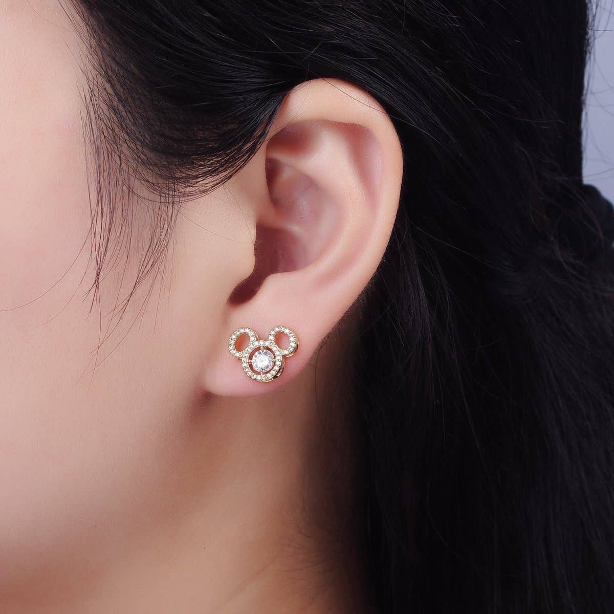 14K Gold Filled Triple Clear CZ Open Round Micro Paved Mouse Stud Earrings in Gold & Silver | V468 V469