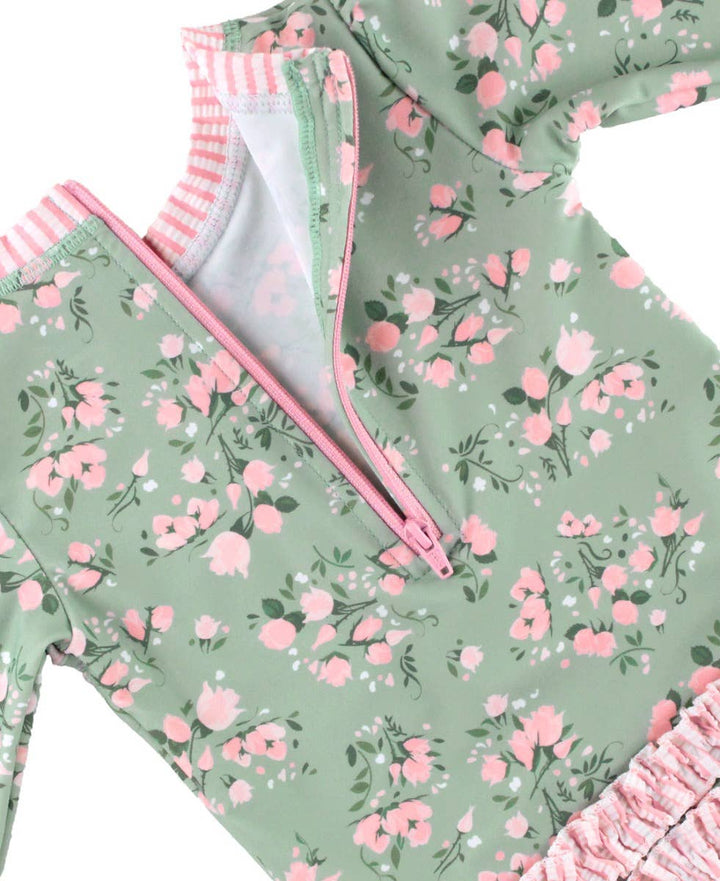 Baby Girls Tea Roses Long Sleeve One Piece Rash Guard Swimsuit with Signature Rear Ruffles