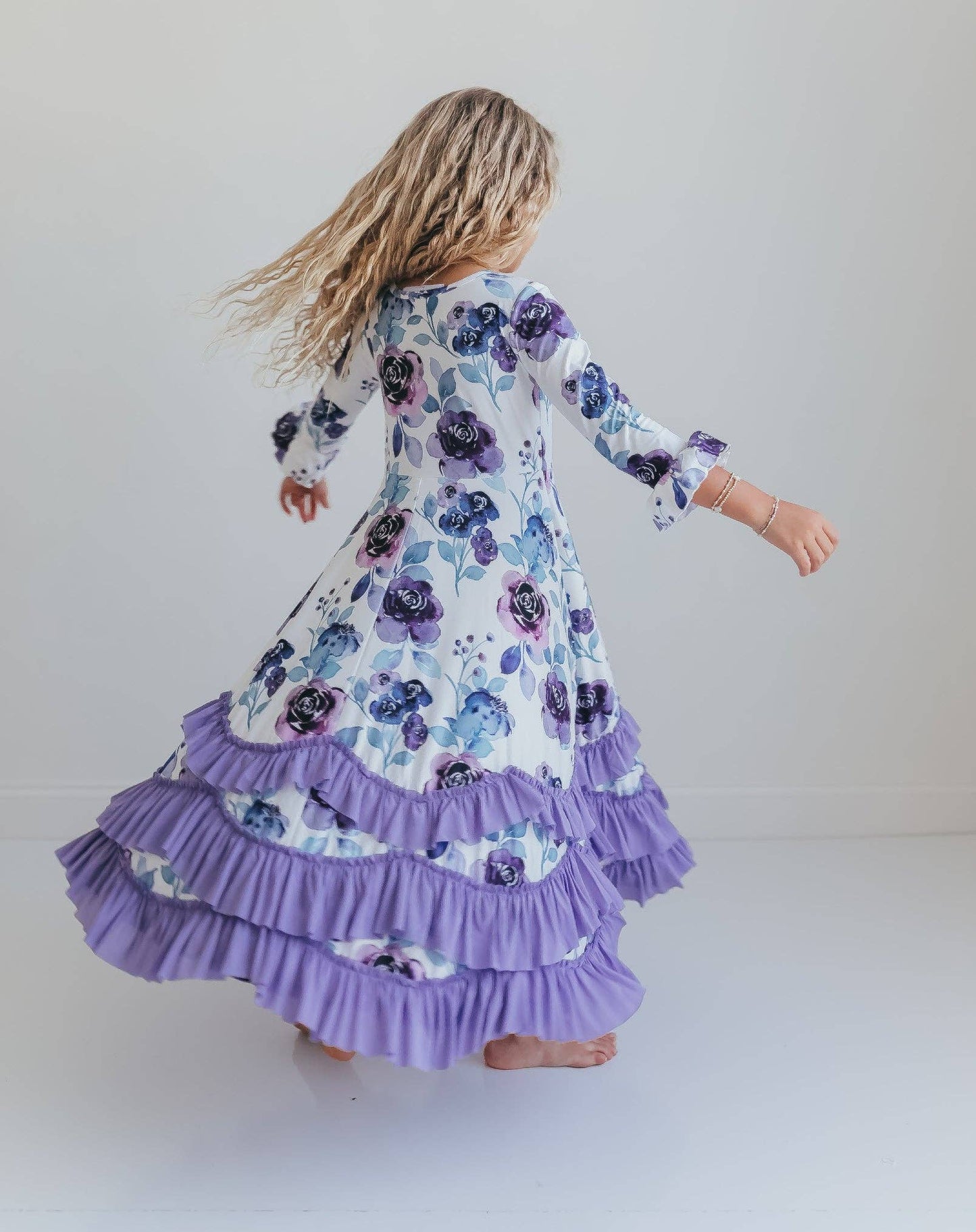Girls Lavender Winter Floral Long Sleeve Ruffles Dress
