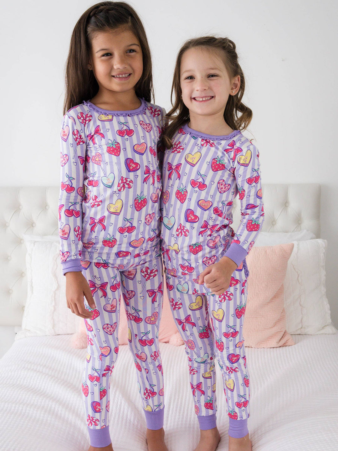 SoftSnooze™ Toddler Girls Bamboo Viscose Lolly Hearts Ruffle Long Sleeve Pajama Set with Signature Rear Ruffles