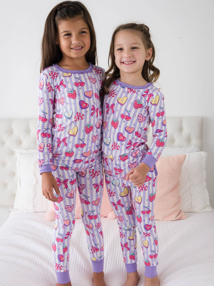 SoftSnooze™ Toddler Girls Bamboo Viscose Lolly Hearts Ruffle Long Sleeve Pajama Set with Signature Rear Ruffles