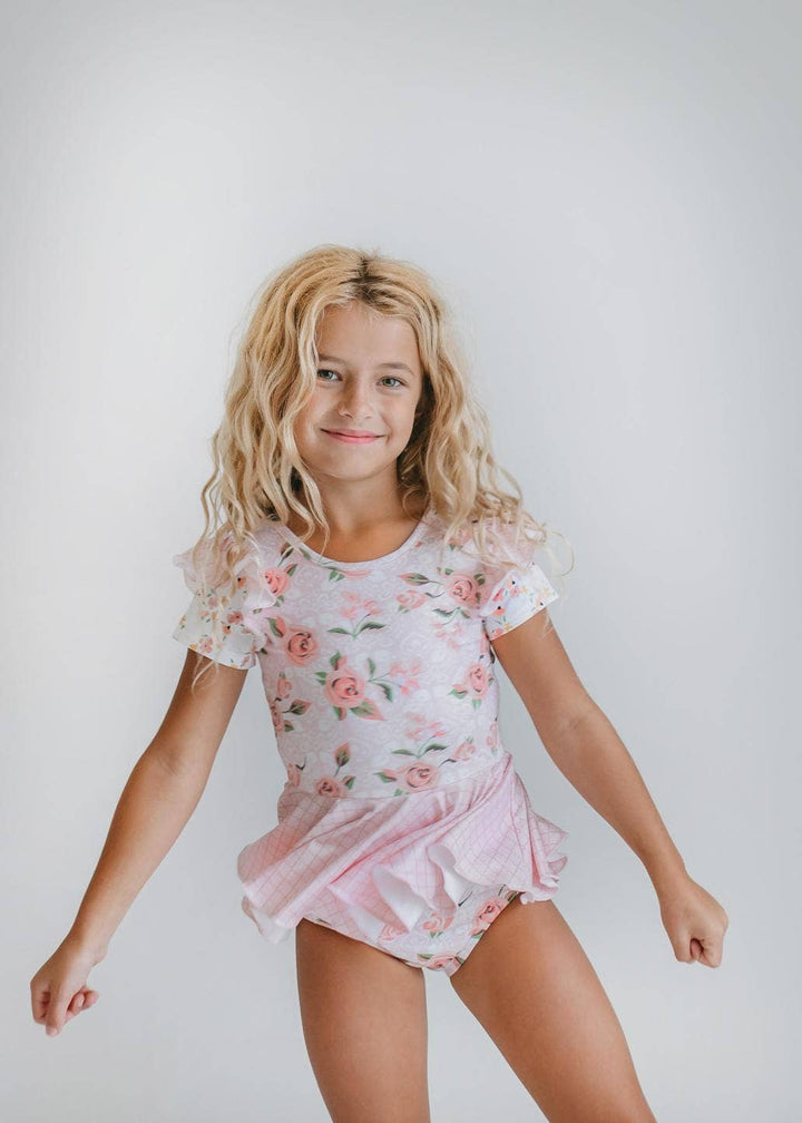 Girls Pale Pink Rose Dance Gymnastics Skirted Twirl Leotard