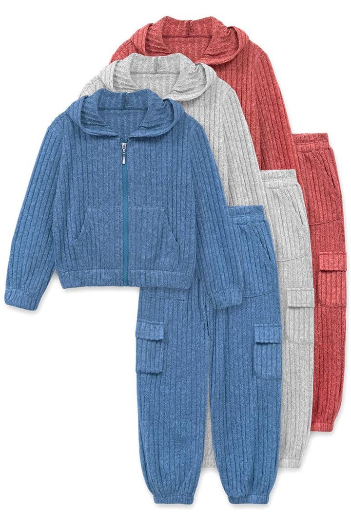 2 pc Hoodie Pant Set w/ Ribbed Velvet