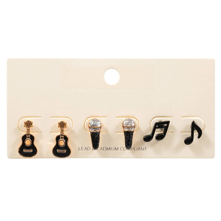 3PAIRS - Enamel Guitar Mic Music Note Stud Earring Set