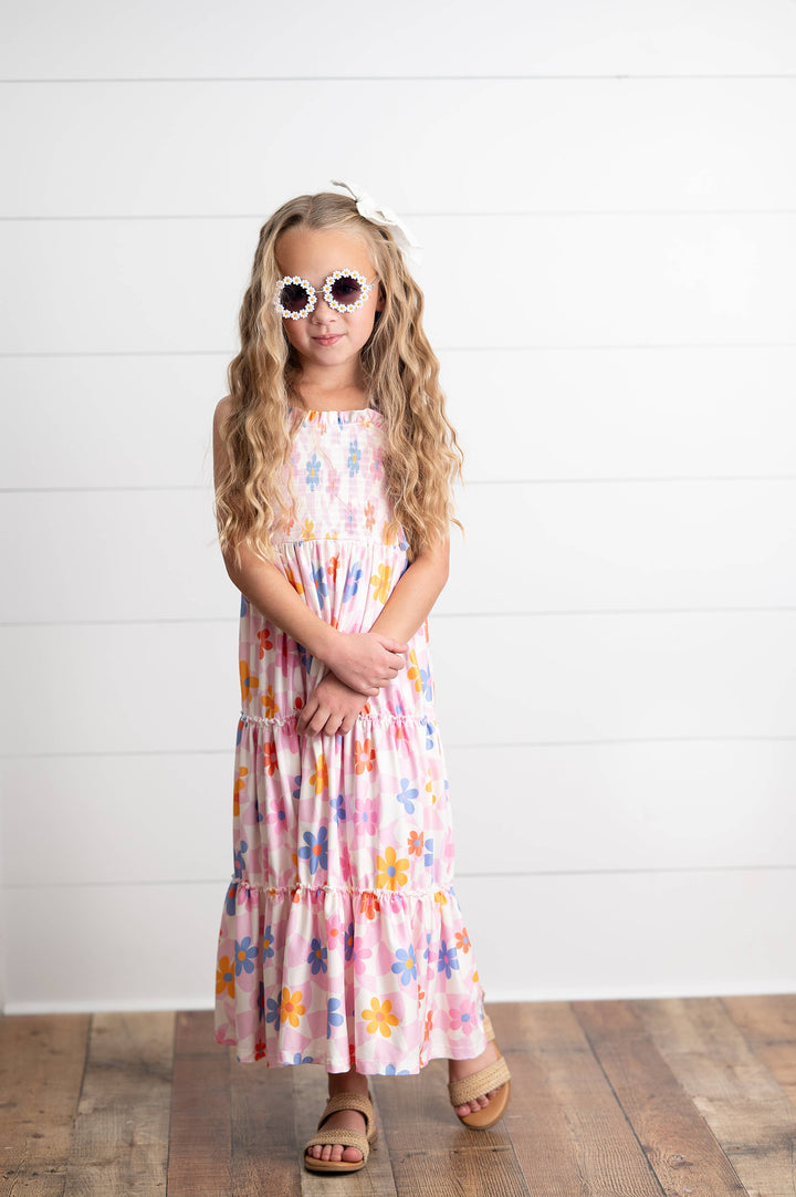 Girls Pink Retro Daisy Tiered Spring Summer Maxi Dress