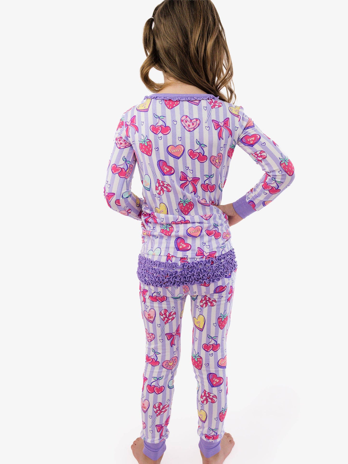 SoftSnooze™ Toddler Girls Bamboo Viscose Lolly Hearts Ruffle Long Sleeve Pajama Set with Signature Rear Ruffles
