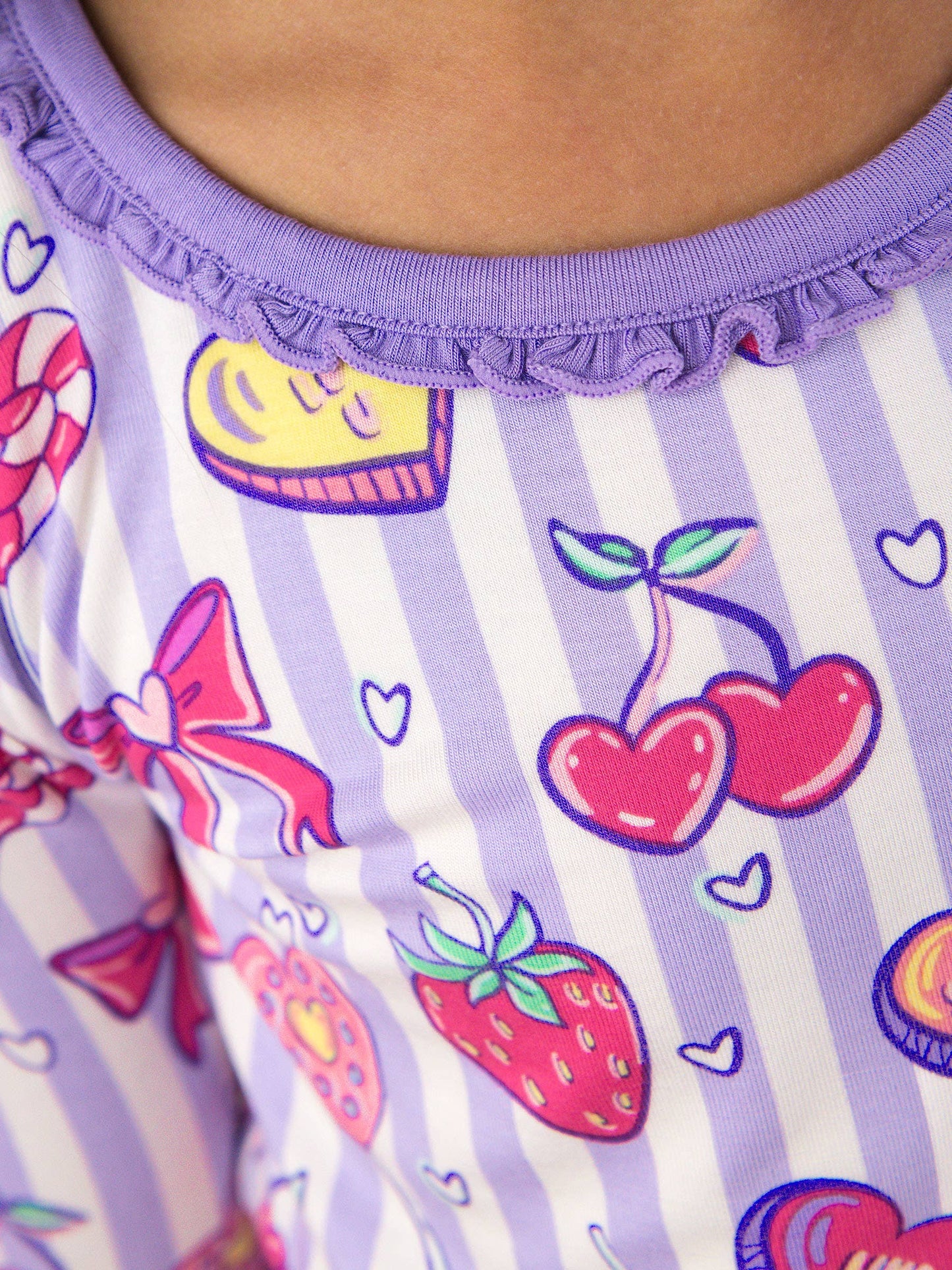 SoftSnooze™ Toddler Girls Bamboo Viscose Lolly Hearts Ruffle Long Sleeve Pajama Set with Signature Rear Ruffles