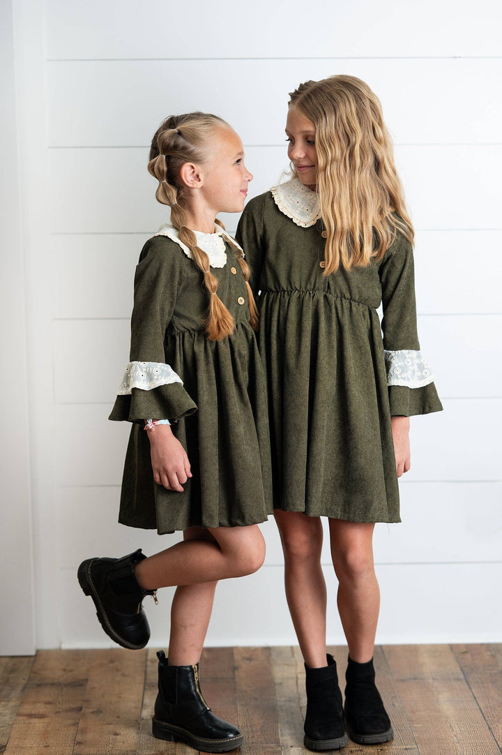 Girls Olive Green Corduroy &amp; Lace Bell Sleeve Fall Dress