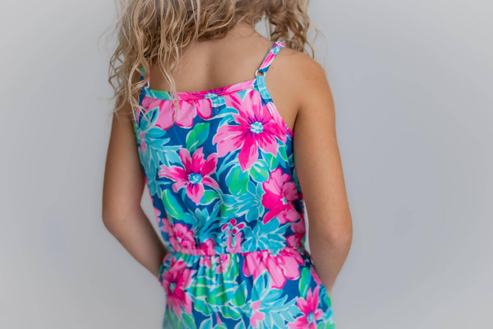 Kids Bright Pink Tropical Spring Summer Jumpsuit With Pockets