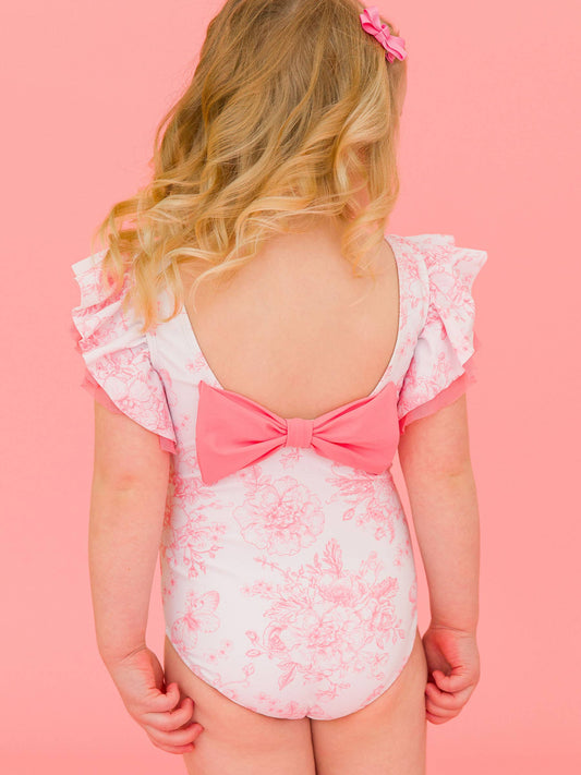 Girls Bubblegum Pink Butterfly Garden Toile Butterfly Sleeve One Piece Swimsuit