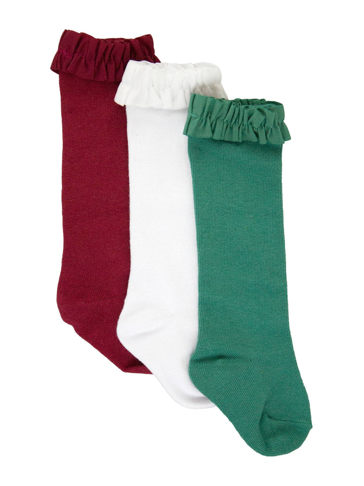 Girls Dark Cherry, White &amp; Fir Green 3-Pack Knee High Ruffle Socks