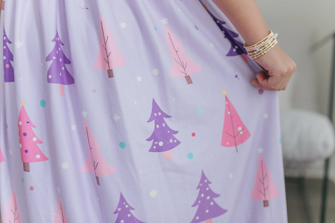 Girls Purple Christmas Tree Holiday Ruffle Lounge Play Gown