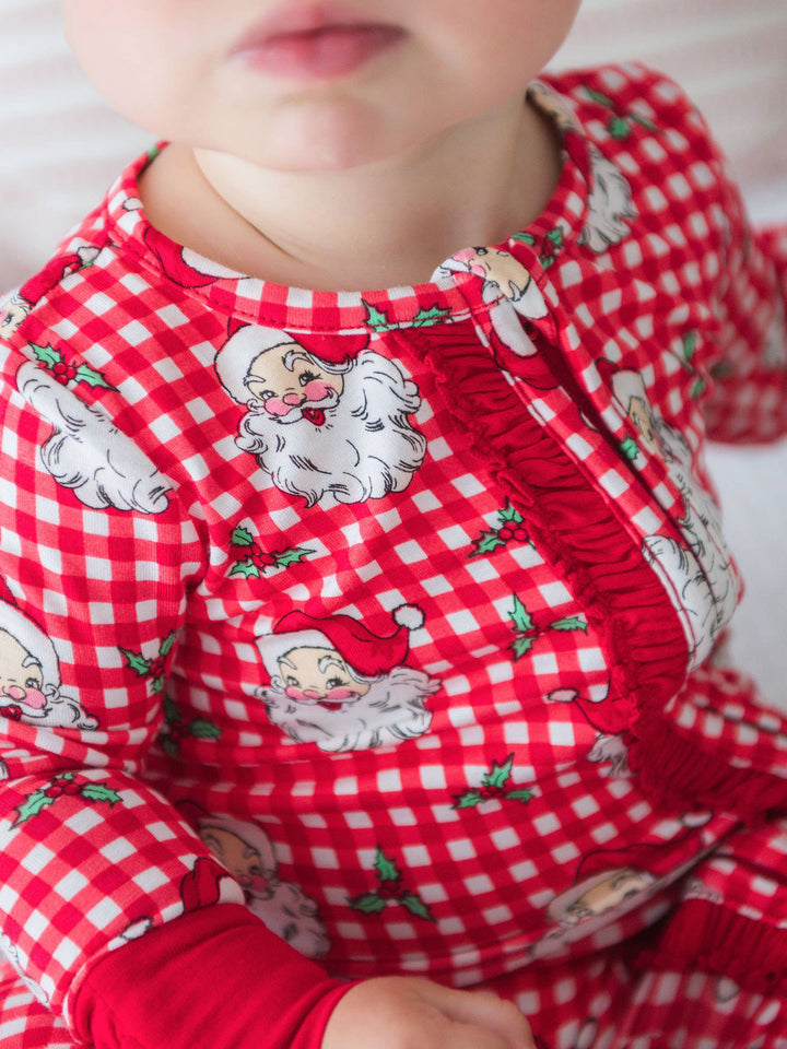 Pijama de una pieza convertible con volantes en rojo Dear Santa de viscosa de bambú para niñas SoftSnooze™