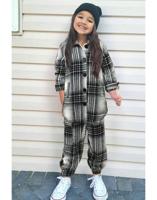 GKSS-3124B-M206 Girl's 2 pc Plaid Flannel Shacket + Pant Set