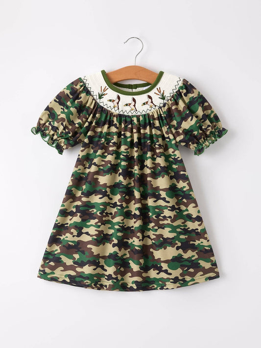 Camouflage Duck Smocking Embroidery Girls Dress