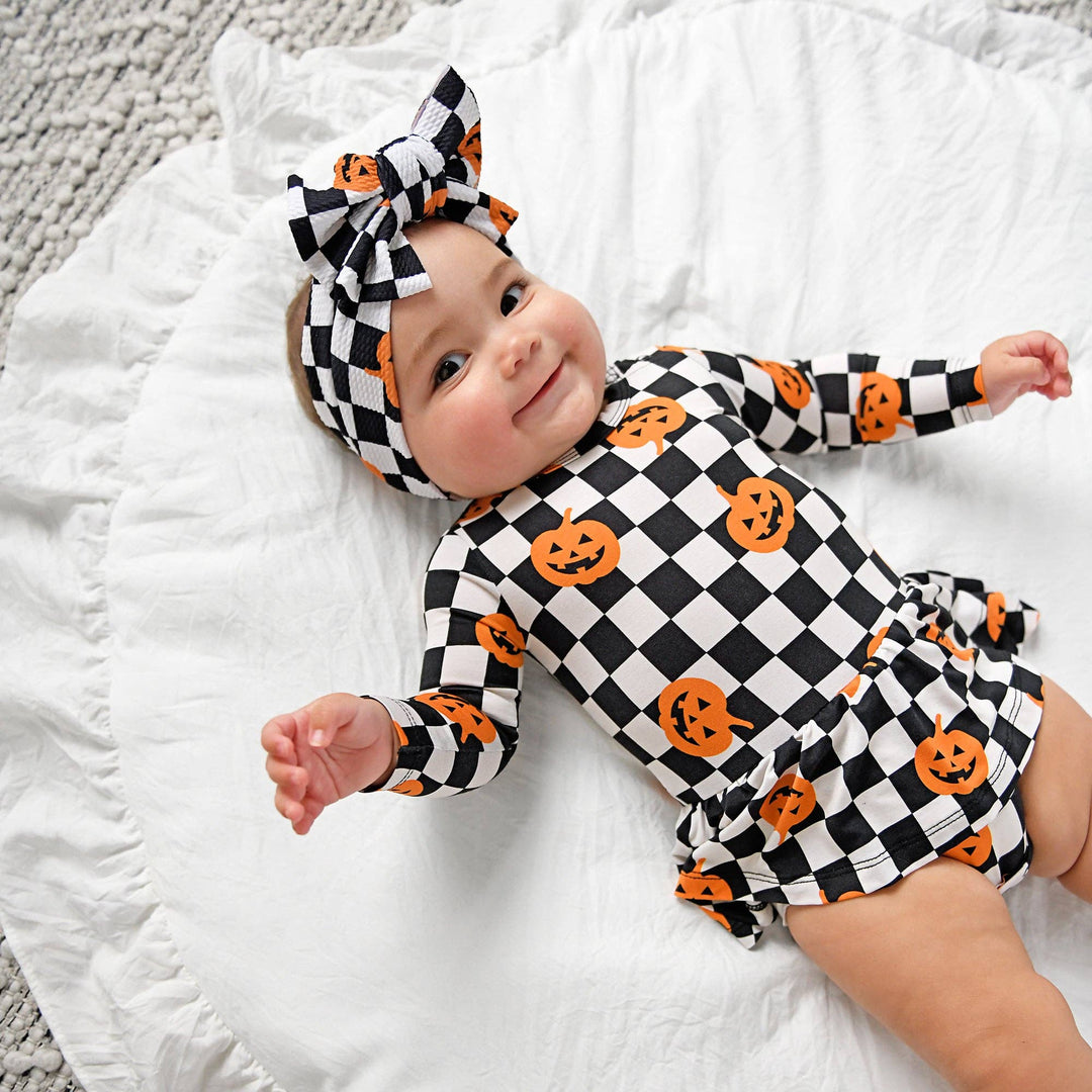 Vestido de Halloween para bebé con tutú de bambú y calabazas a cuadros de Merlín