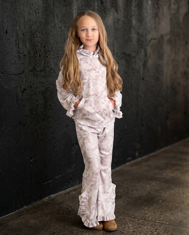 Kids Light Gray Camo Hooded Ruffle Pocket Lounge Set