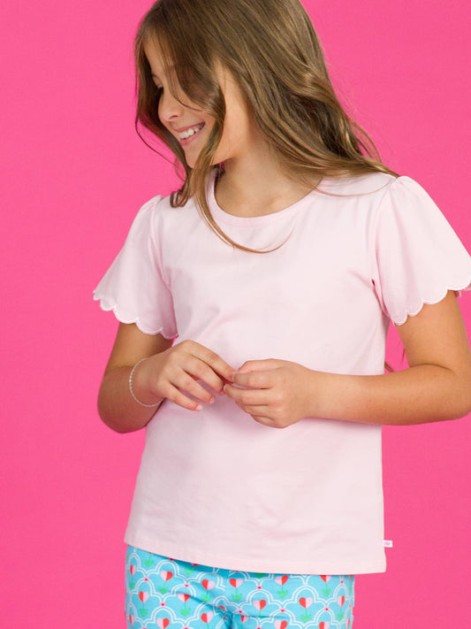 Girls Pink Knit Short Sleeve Scallop Tee