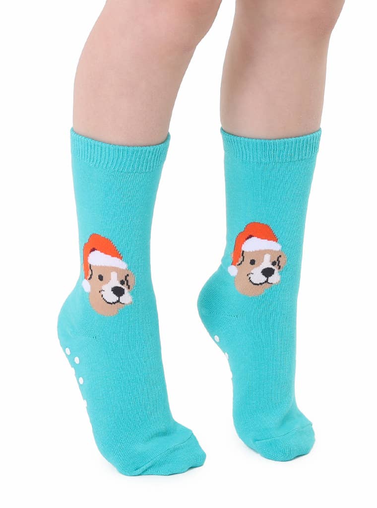 Calcetines deportivos con empaque 3D - Niños - Festivos - Cachorro de Papá Noel - Verde azulado