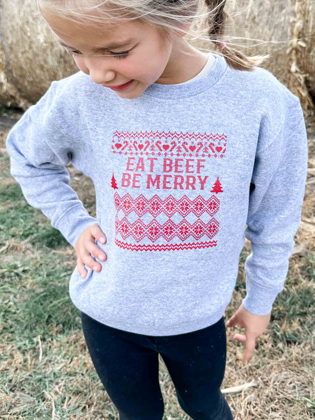 Jersey de cuello redondo gris para niños pequeños y jóvenes "Eat Beef Be Merry" de Navidad