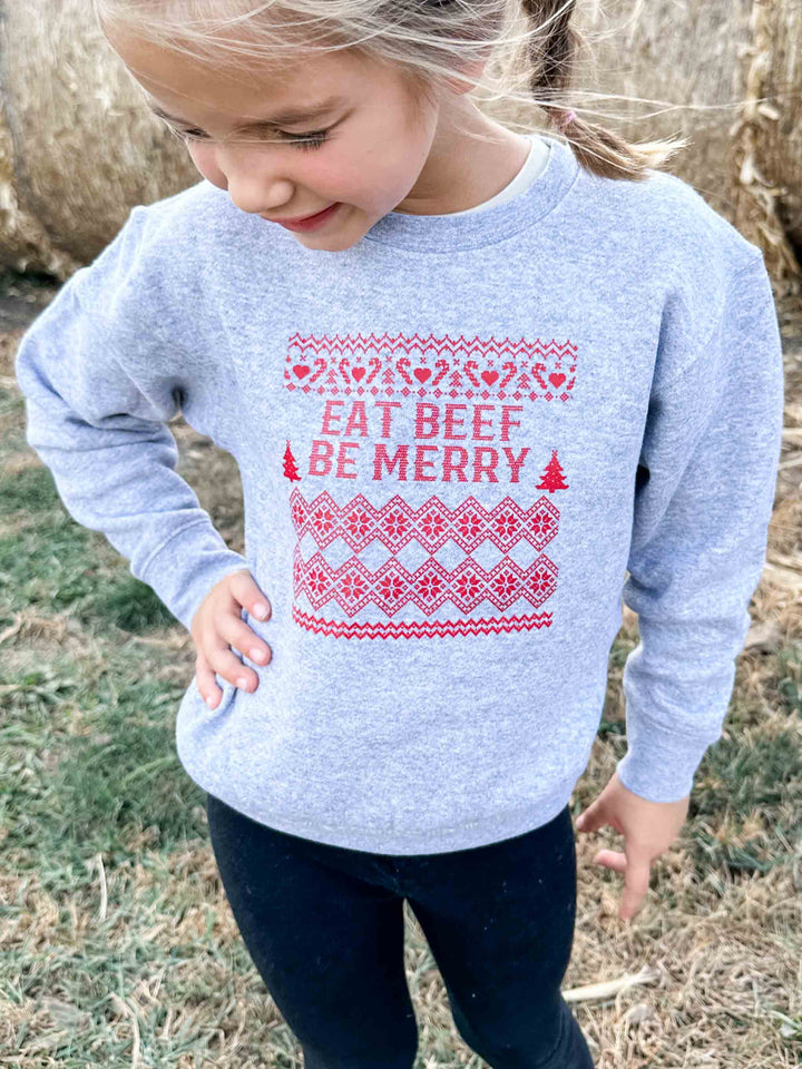 Jersey de cuello redondo gris para niños pequeños y jóvenes "Eat Beef Be Merry" de Navidad