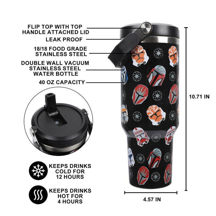 Star Wars Mandalorian Helmets All-Over Print Black 40 Oz Stainless Steel Water Bottle