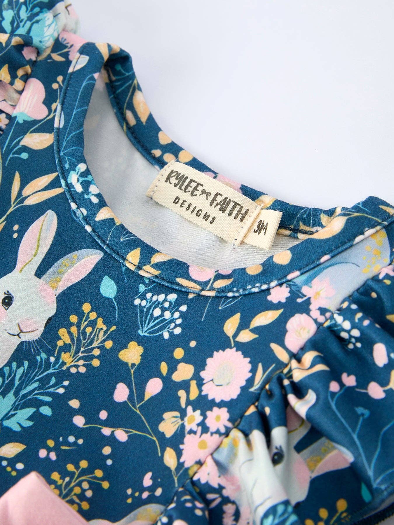 Teal Bunny Garden Ruffle Sleeve Baby Girls Romper