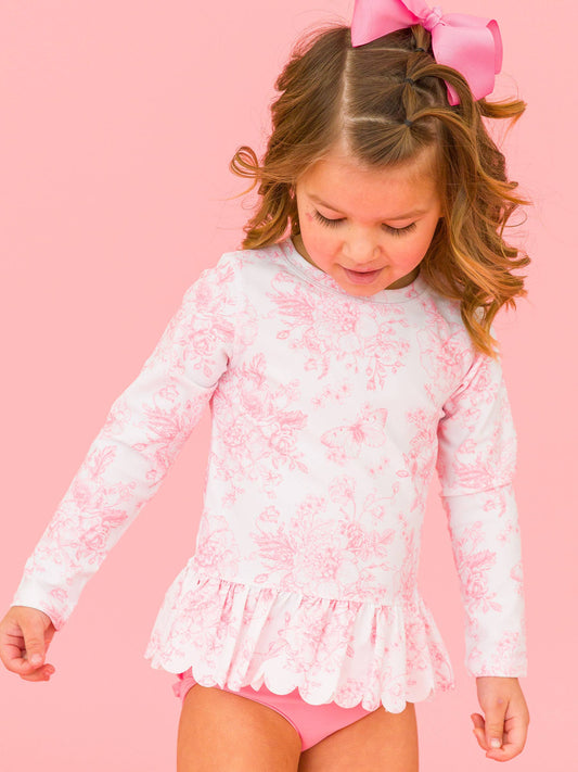 Girls Bubblegum Pink Butterfly Garden Toile Scallop Hem Long Sleeve Rash Guard 2-Piece Swimsuit with Signature Rear Ruffles