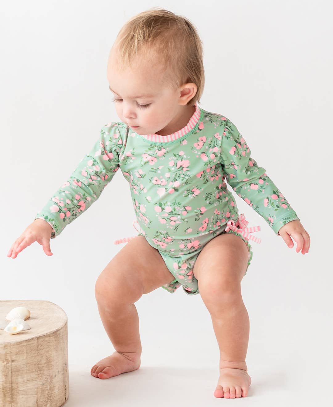 Baby Girls Tea Roses Long Sleeve One Piece Rash Guard Swimsuit with Signature Rear Ruffles