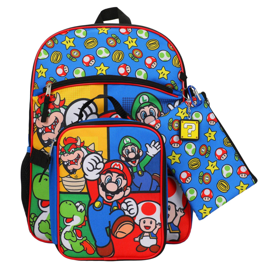 Super Mario Bros Characters &amp; Power-Ups 16 inch Youth 5-Piece Backpack Set