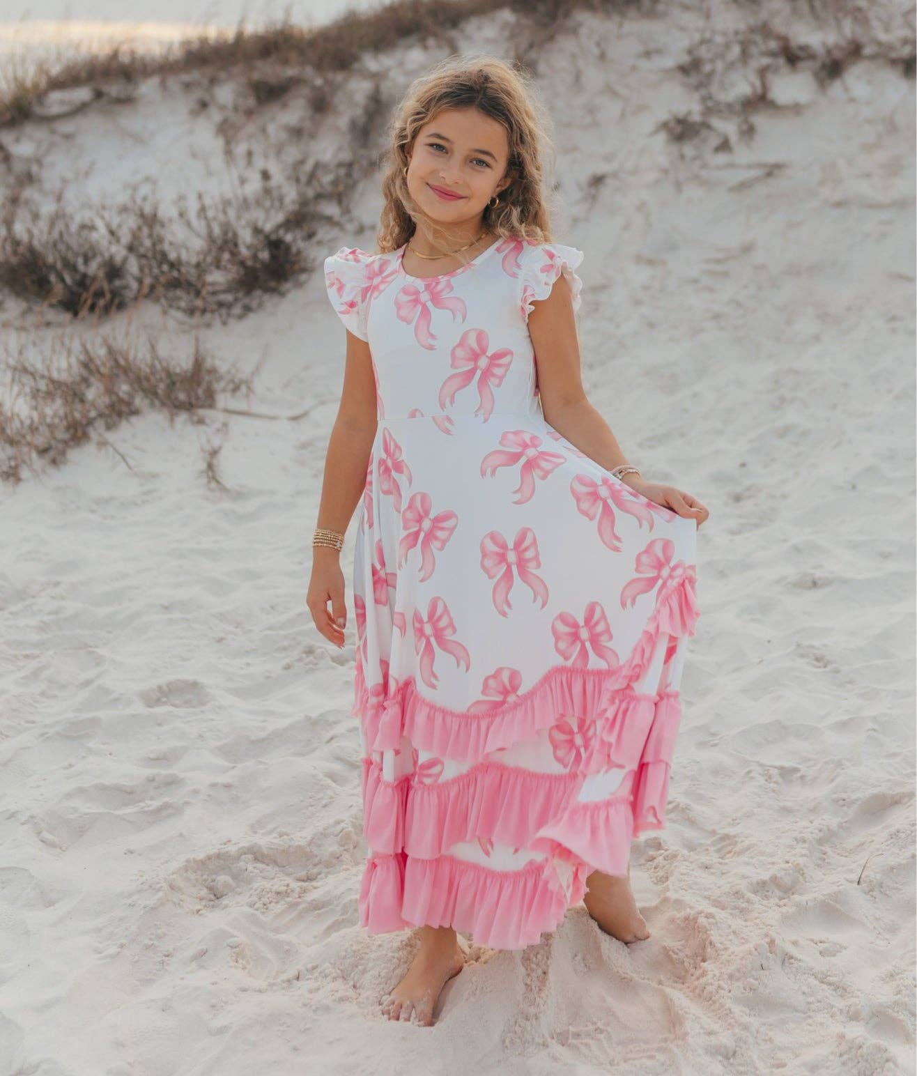 Kids Bella Pink Bow Flutter Sleeve Ruffles Spring Dress