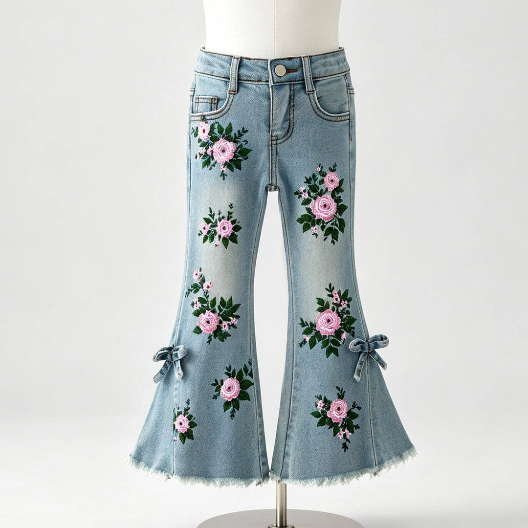 Painted Distressed Rosebud Denim Flares