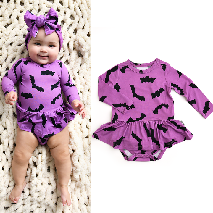 Vestido de bebé de Halloween con tutú de bambú y murciélagos morados Echo