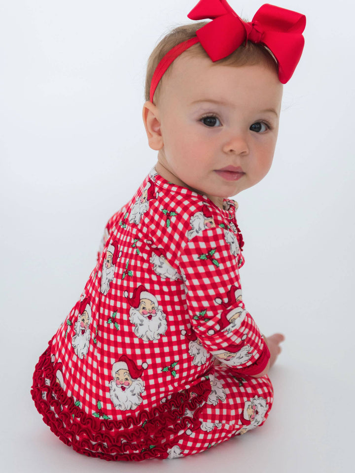 Pijama de una pieza convertible con volantes en rojo Dear Santa de viscosa de bambú para niñas SoftSnooze™