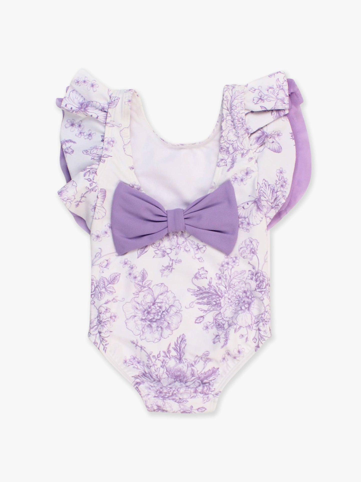 Girls Wisteria Purple Butterfly Garden Toile Butterfly Sleeve One Piece Swimsuit