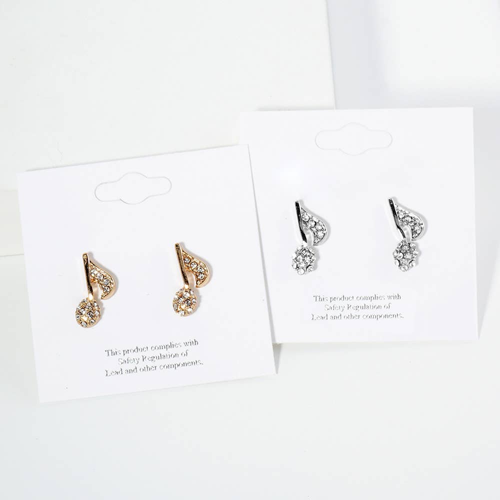 Crystal Stone Paved Music Note Stud Earrings