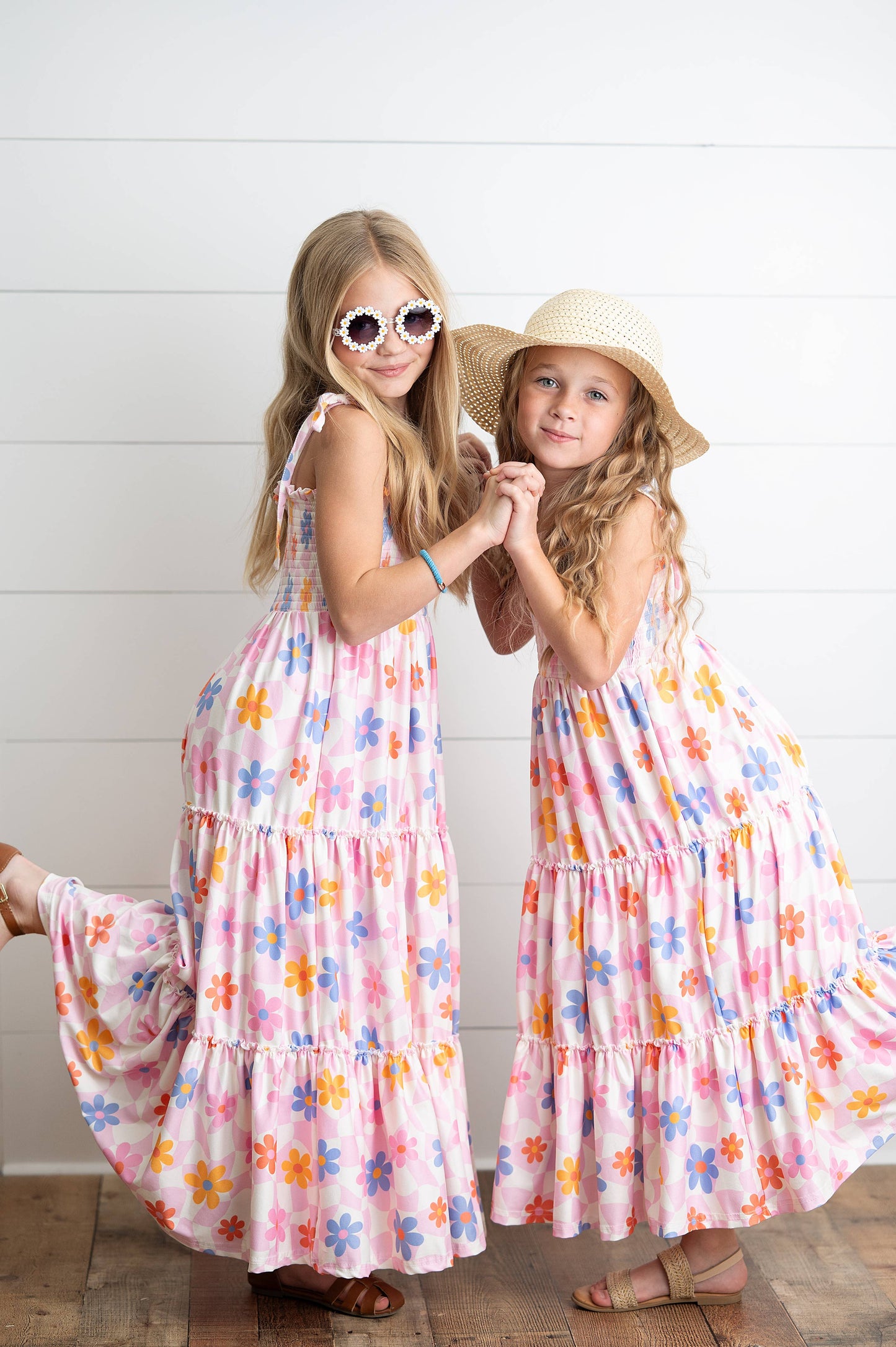 Girls Pink Retro Daisy Tiered Spring Summer Maxi Dress