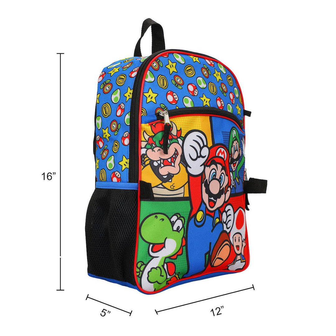 Super Mario Bros Characters &amp; Power-Ups 16 inch Youth 5-Piece Backpack Set