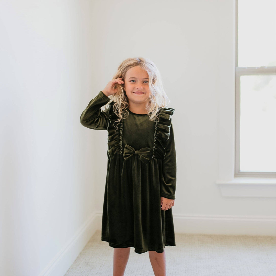 Kids Moss Velvet Bow Ruffle Holiday Party Dress