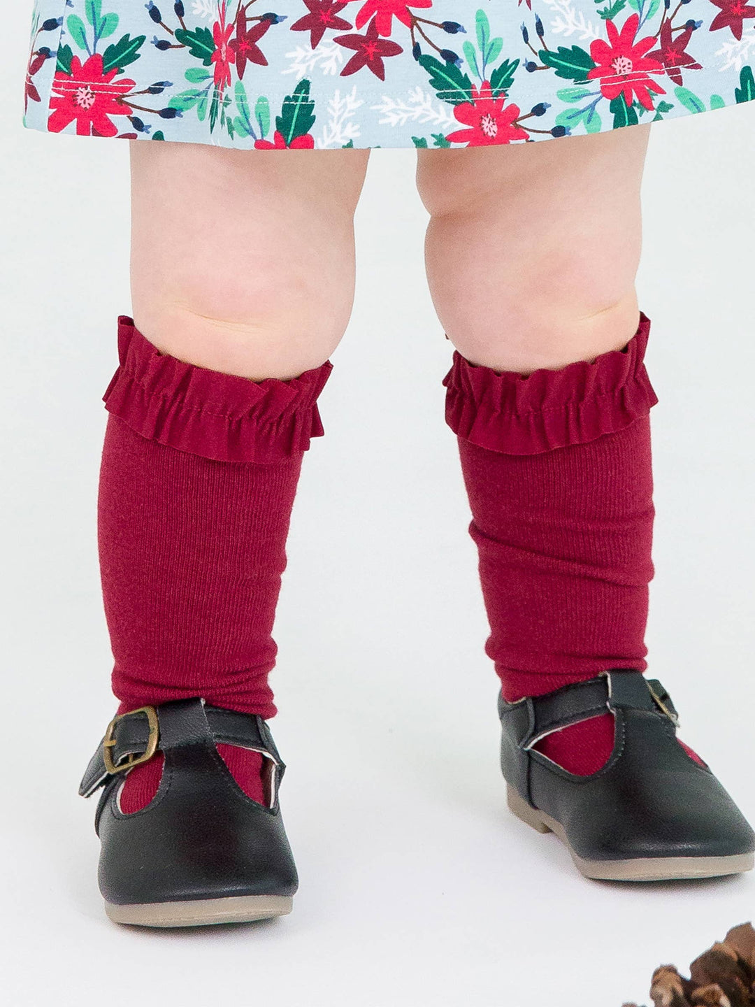 Girls Dark Cherry, White &amp; Fir Green 3-Pack Knee High Ruffle Socks