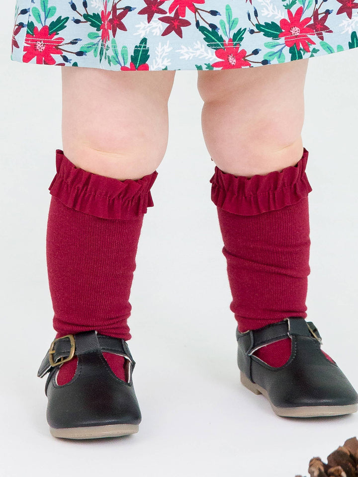 Girls Dark Cherry, White &amp; Fir Green 3-Pack Knee High Ruffle Socks