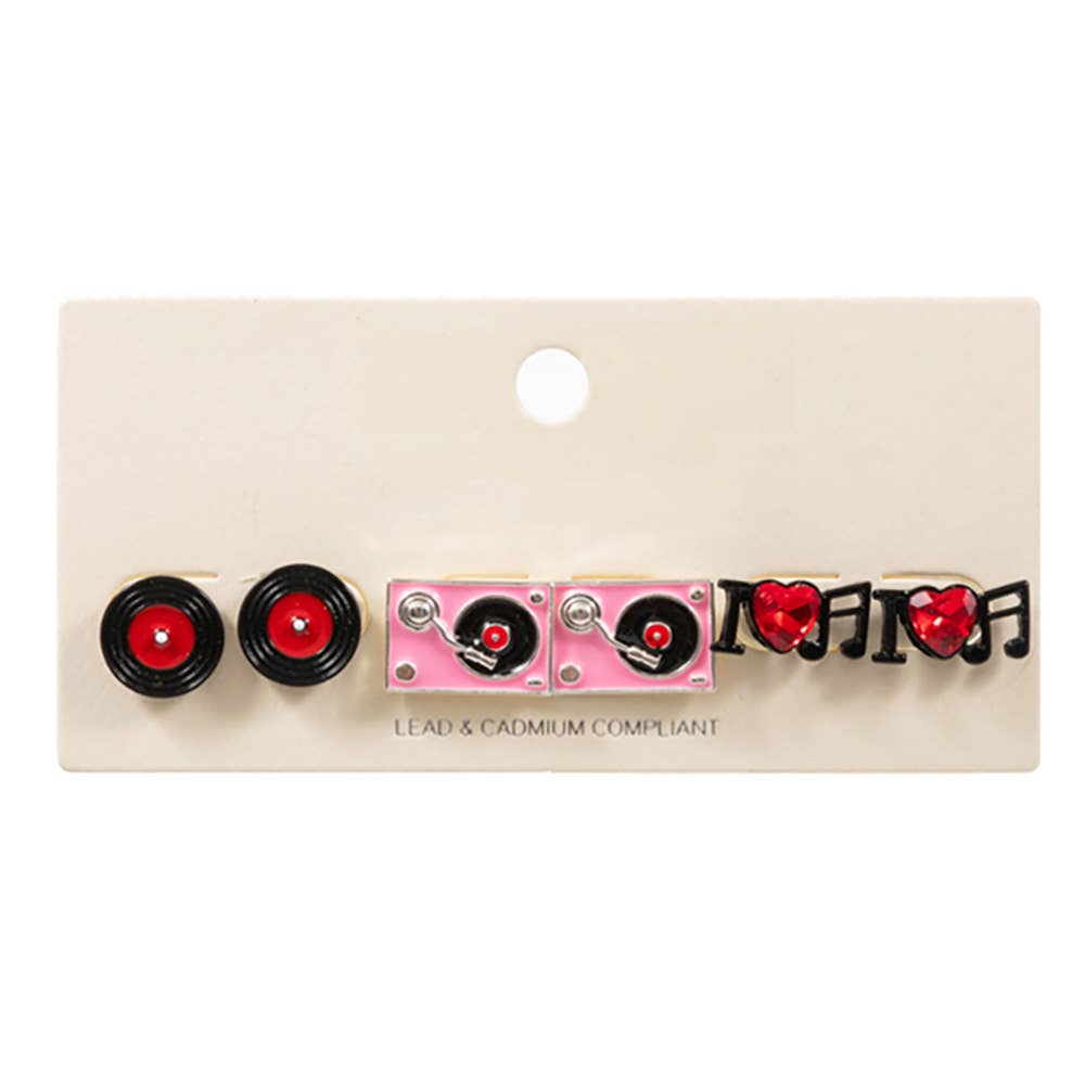 3PAIRS - Enamel Turn Table Music Stud Earring Set