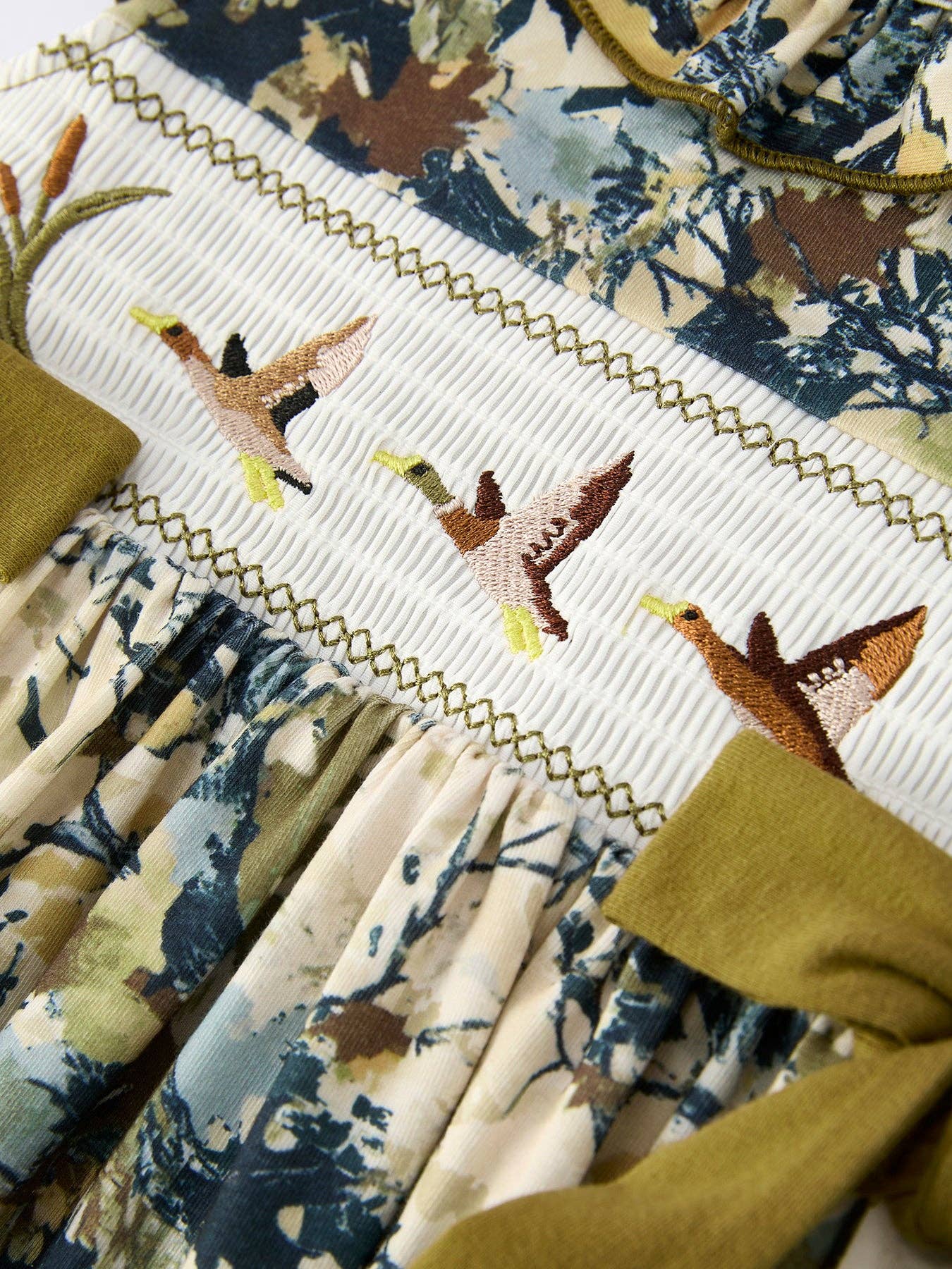 Camo Duck Smocked Bow Ruffle Sleeves Girls Dress