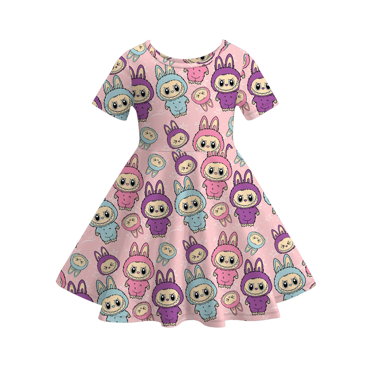 Cute Monster Print Short Sleeve Twirly Dress