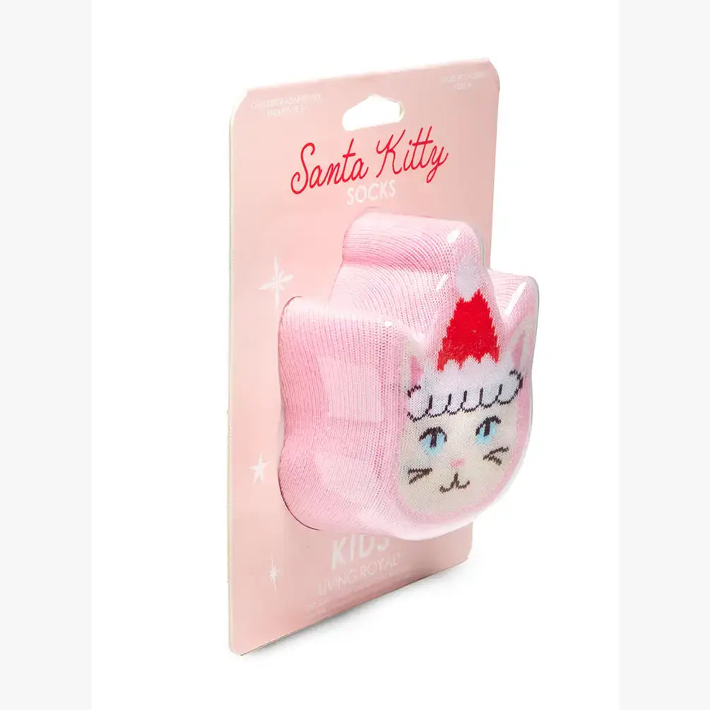 3D Packaged Crew Socks - Kids - Holiday - Santa Kitty -Pink