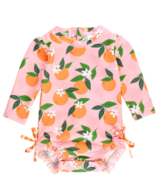 Baby Girls Orange You The Sweetest Long Sleeve One Piece Rash Guard Swimsuit with Signature Rear Ruffles